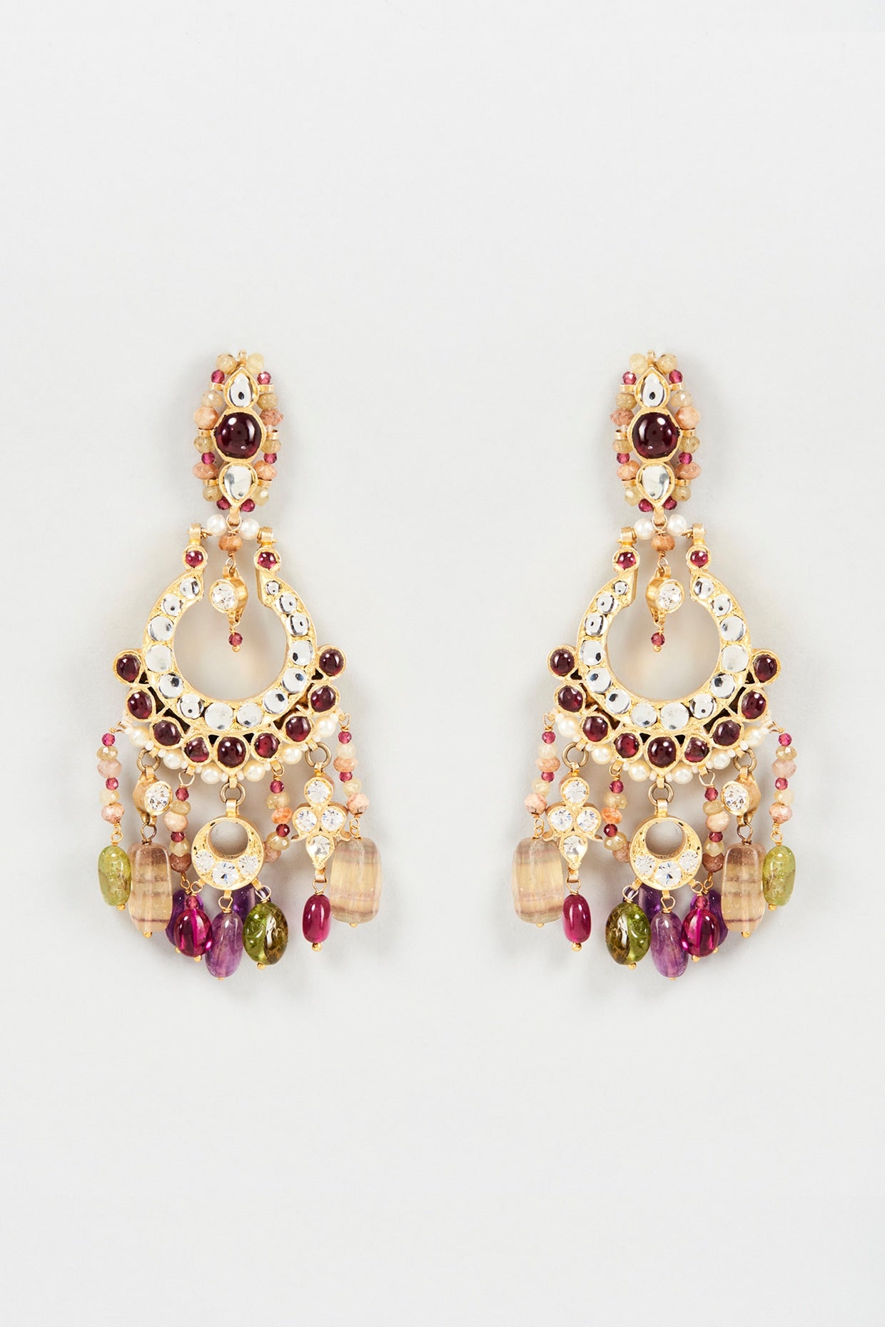 Gold Finish Multi-Colored Semi-Precious Stone Chandbali Earrings In Sterling Silver