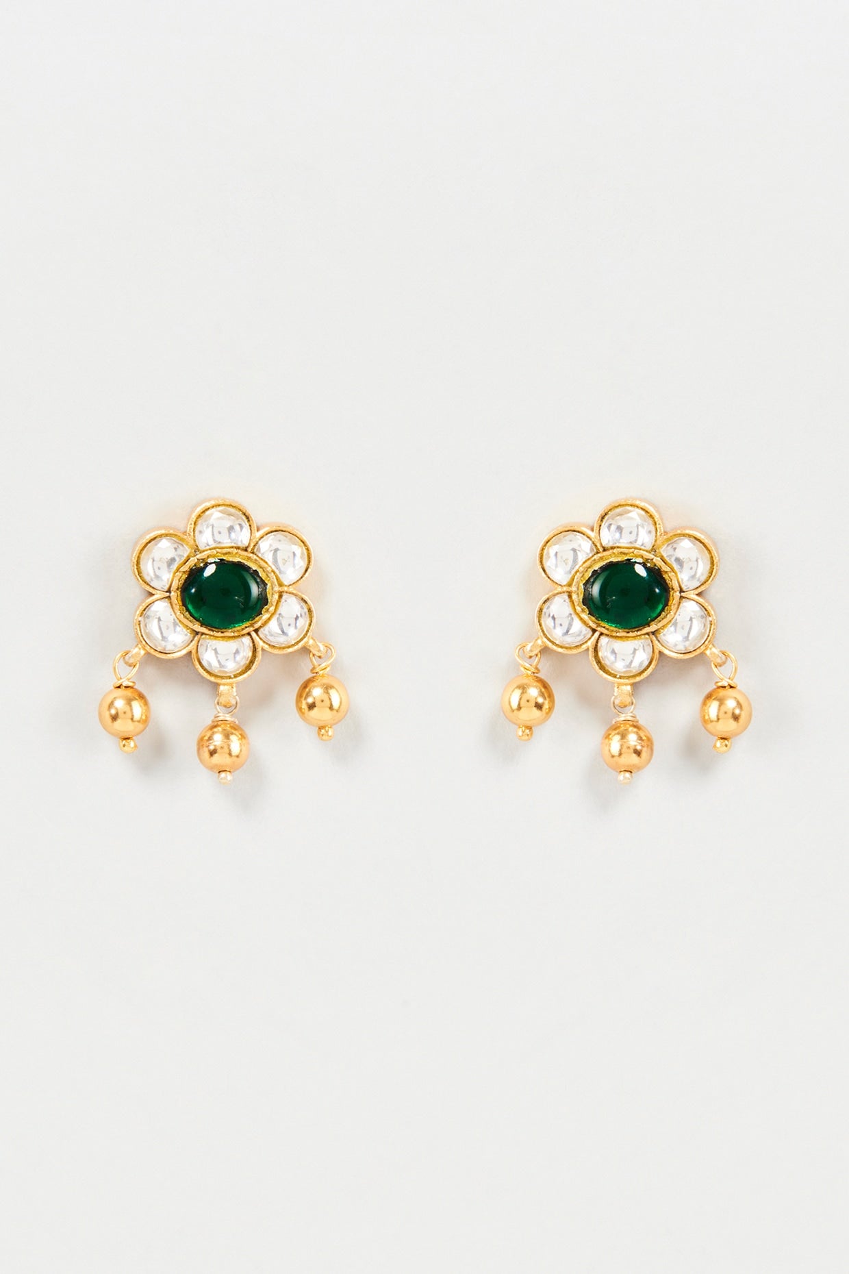 Gold Finish Green Semi-Precious Stone Stud Earrings In Sterling Silver