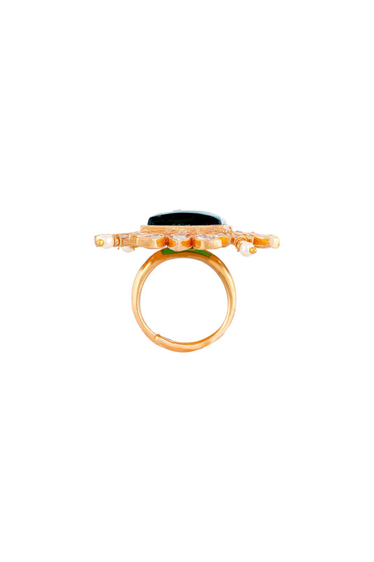 Gold Finish Kundan & Pearl Ring