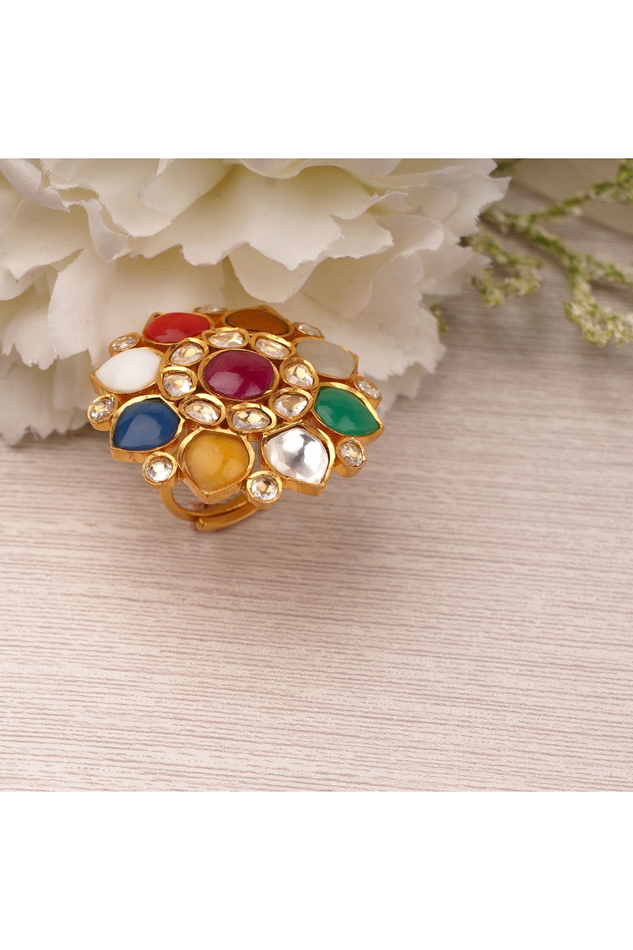 Gold Finish Navratna Stones Ring