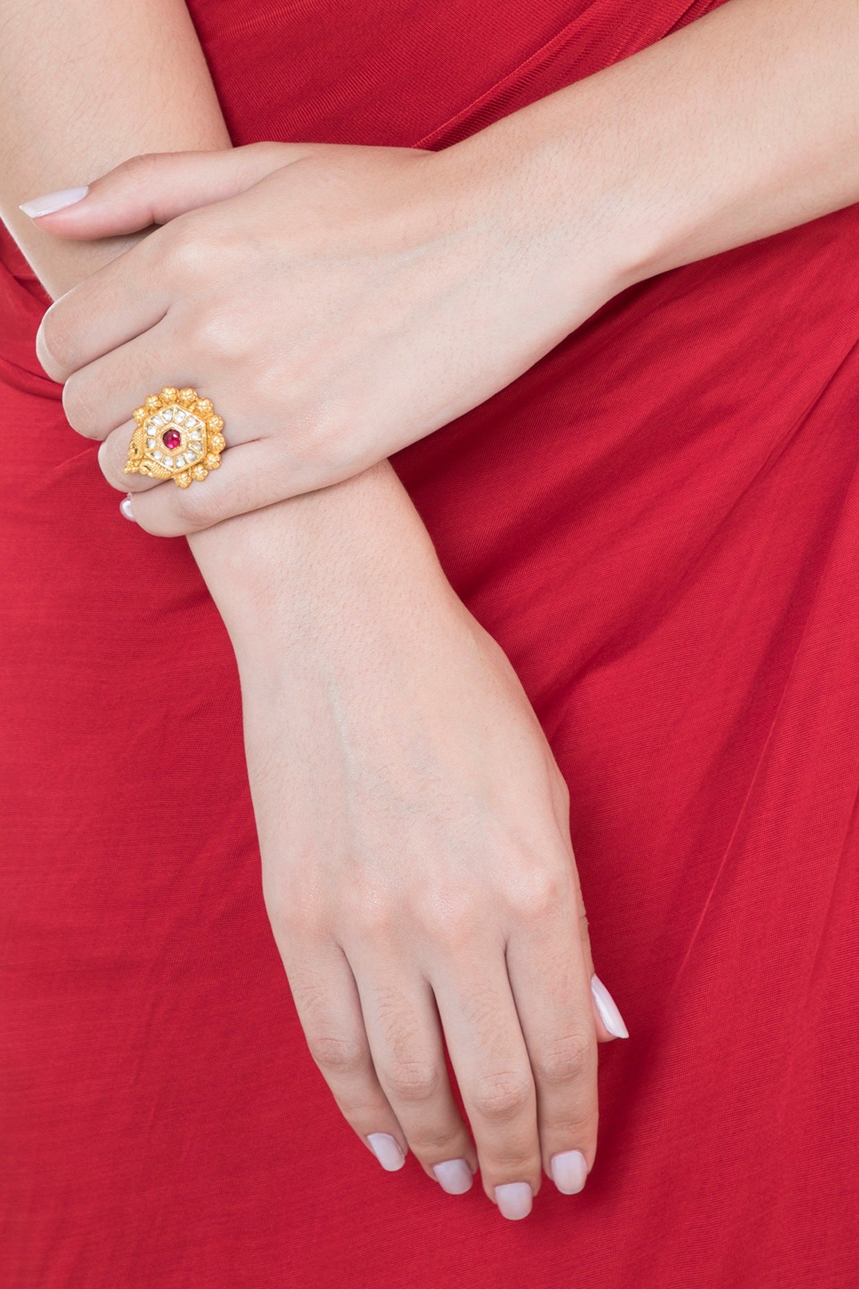 Gold Plated Stone & Kundan Floral Hexagon Ring