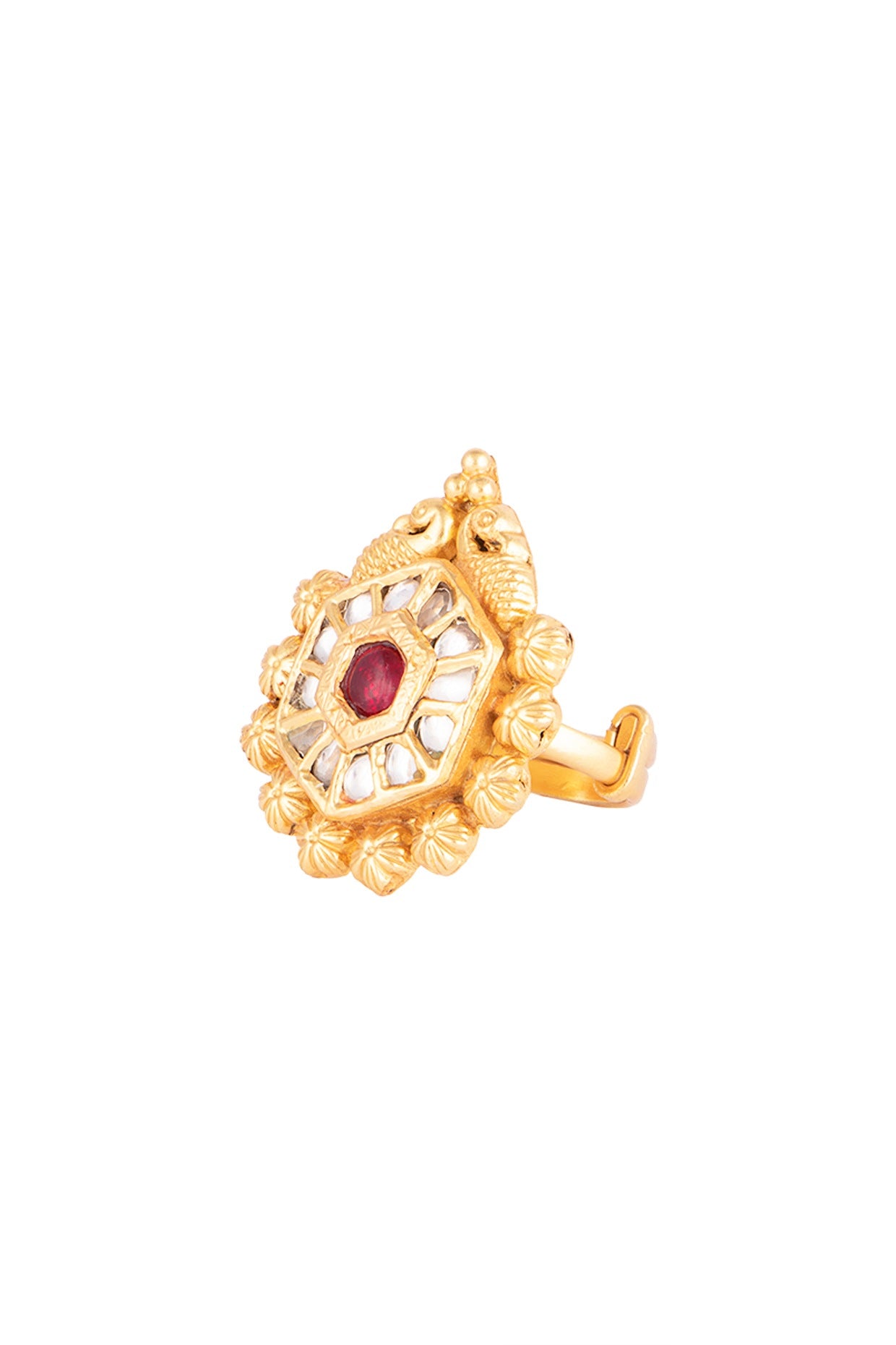 Gold Plated Stone & Kundan Floral Hexagon Ring