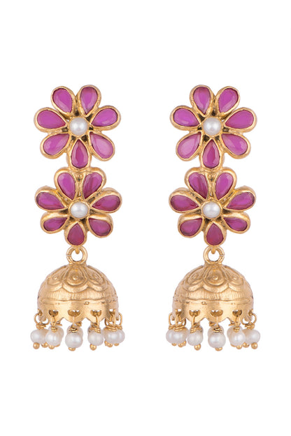 Gold Plated Double Floral Jhumka Earrings