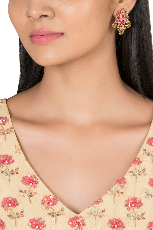 Gold Plated Pink Stone Rose Earrings