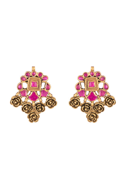 Gold Plated Pink Stone Rose Earrings