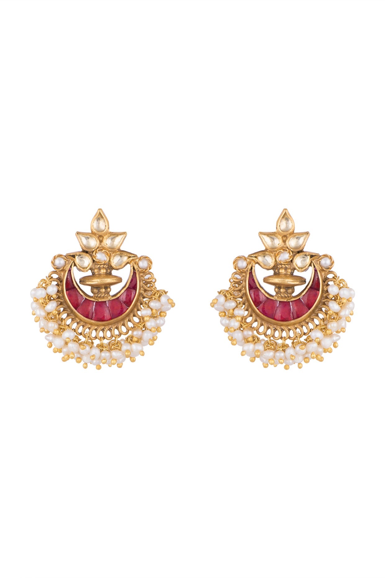 Gold Plated Ruby & Pearl Chandbali Earrings