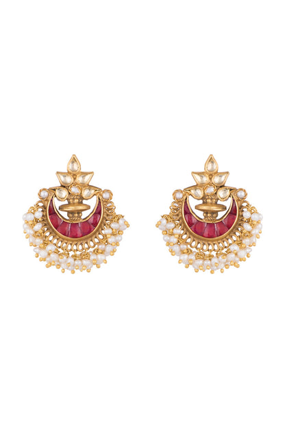 Gold Plated Ruby & Pearl Chandbali Earrings