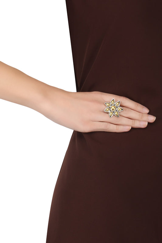 Silver Finish Floral Gold Stones Ring