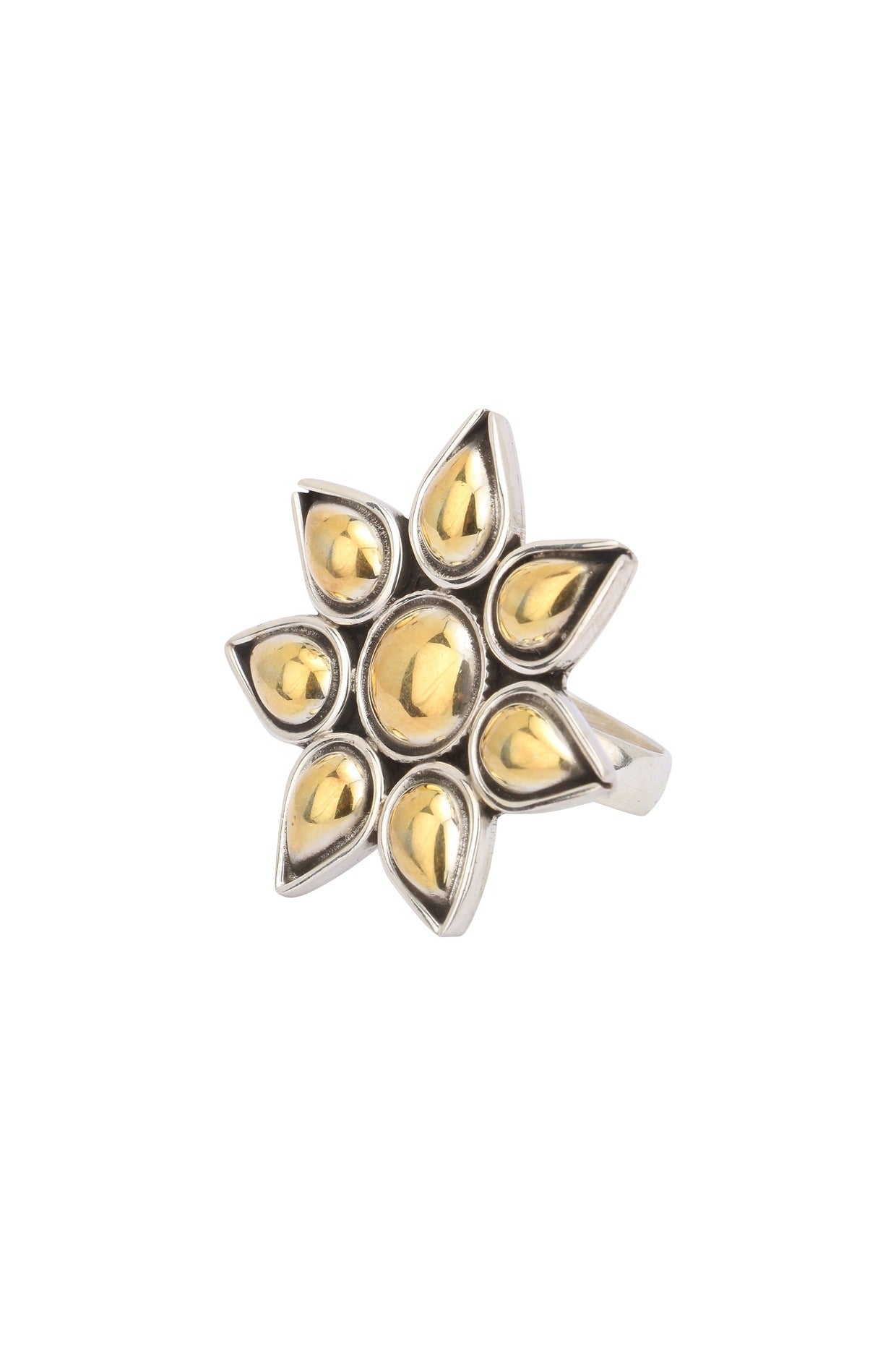 Silver Finish Floral Gold Stones Ring