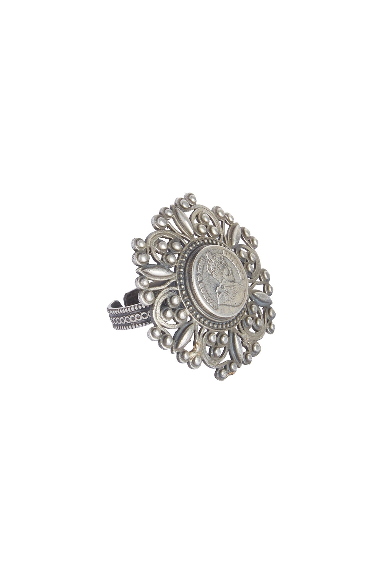 Silver Finish Coin Adjustable Cocktail Ring