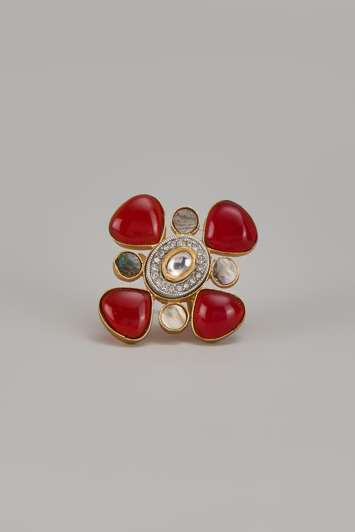 Gold Finish Red Monalisa Stone & Kundan Polki Ring