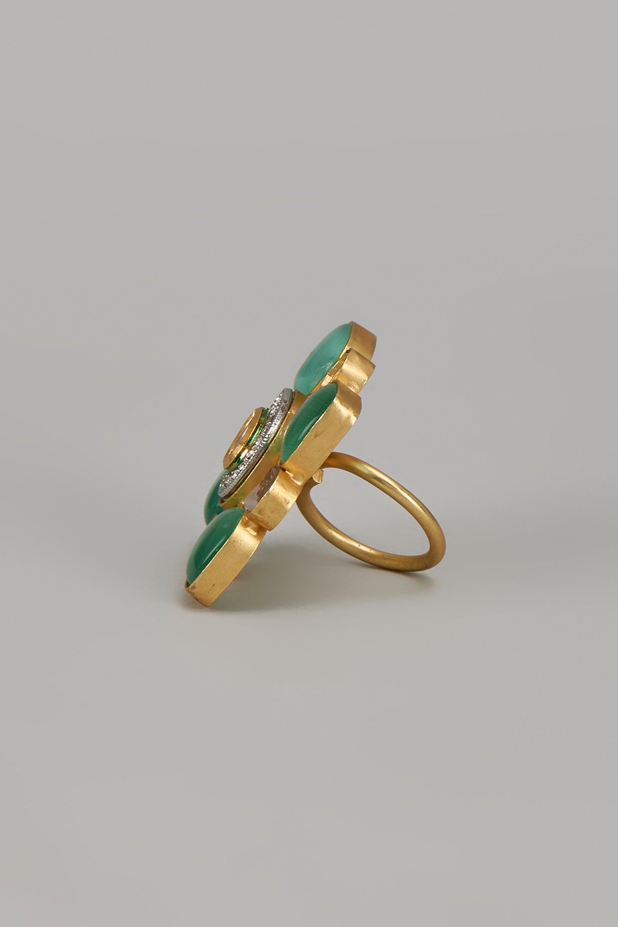 Gold Finish Teal Green Monalisa Stone & Kundan Polki Ring