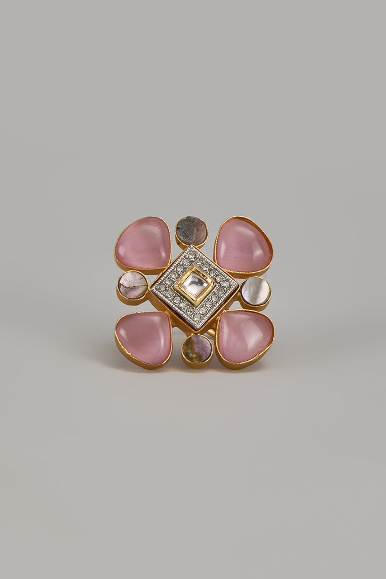 Gold Finish Pink Monalisa Stone & Kundan Polki Ring