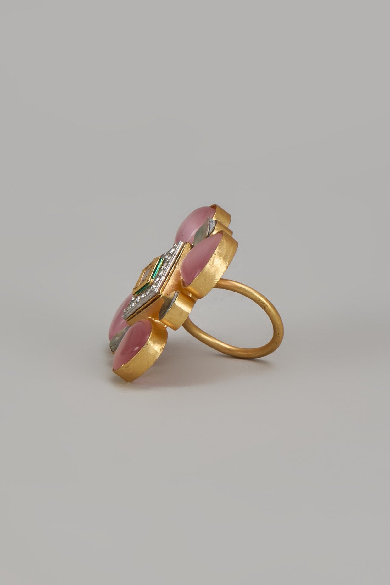 Gold Finish Pink Monalisa Stone & Kundan Polki Ring