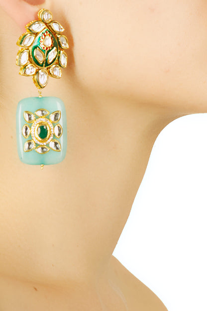 Gold Finish Kundan and Green Quartz Stone Enamelled Earrings