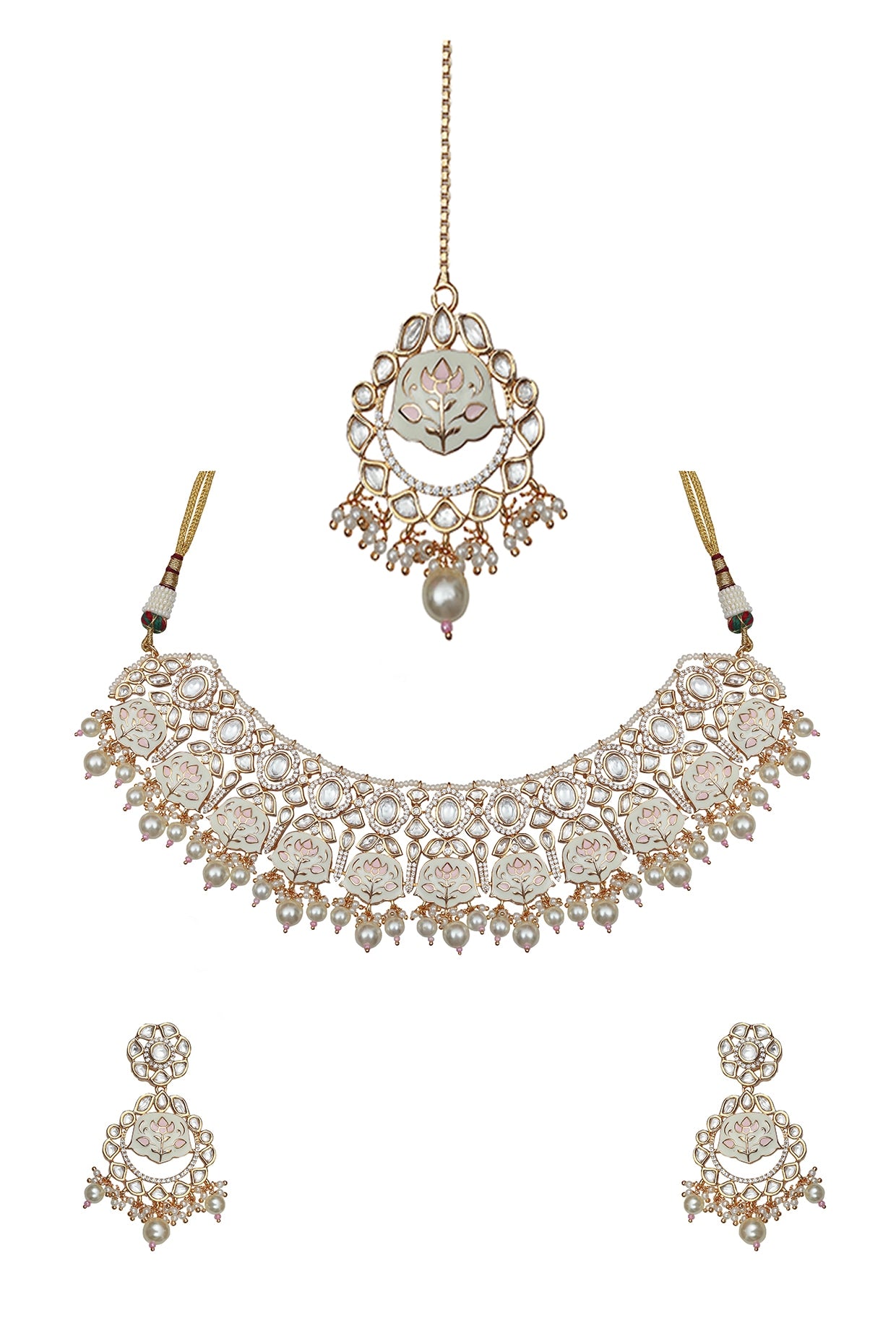 Gold Finish Pink & White Kundan Meenakari Choker Necklace Set