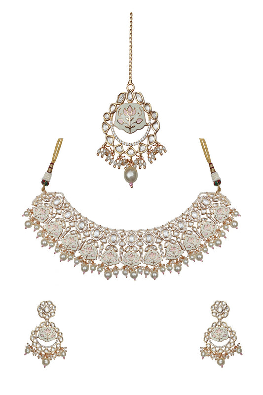 Gold Finish Pink & White Kundan Meenakari Choker Necklace Set