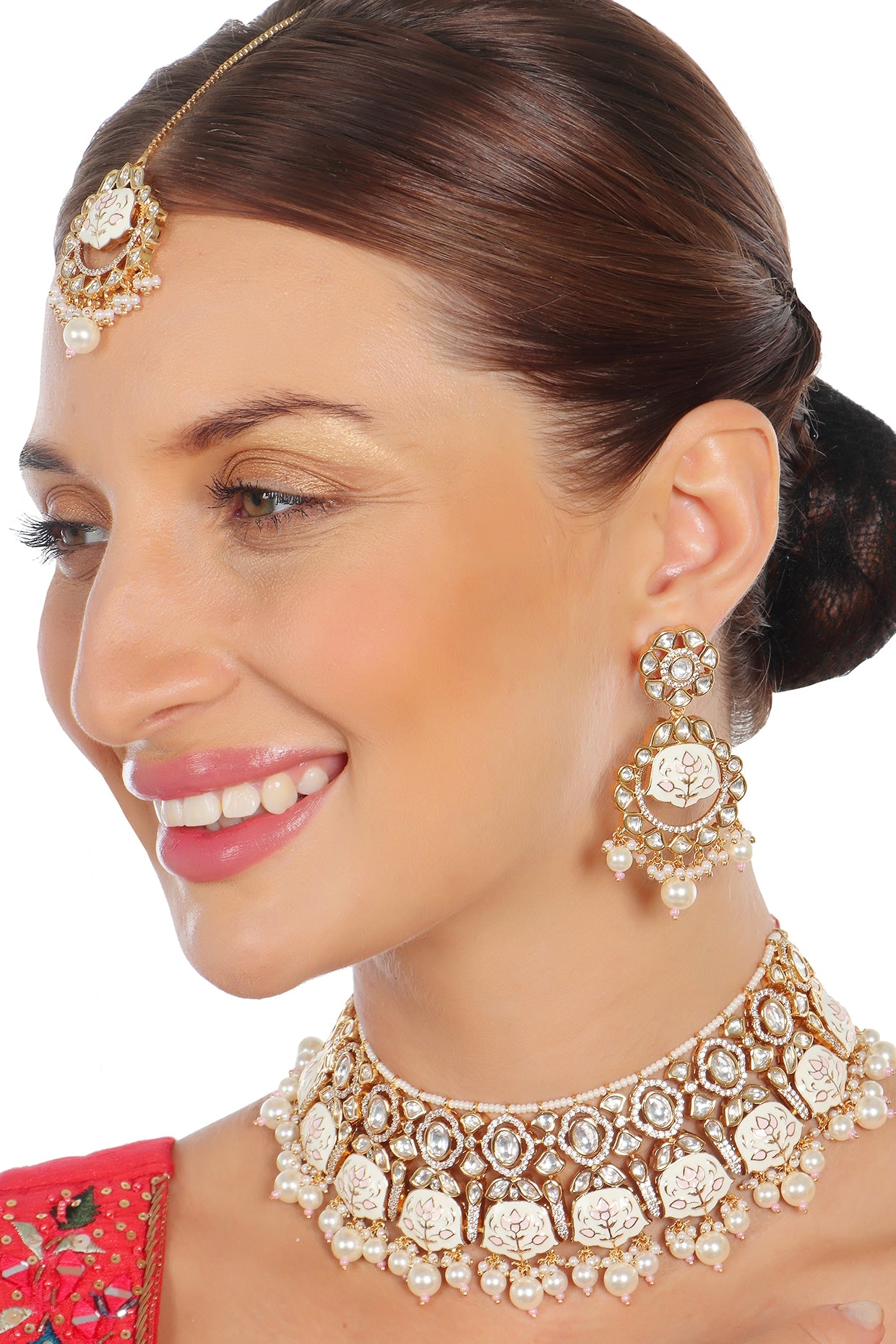 Gold Finish Pink & White Kundan Meenakari Choker Necklace Set