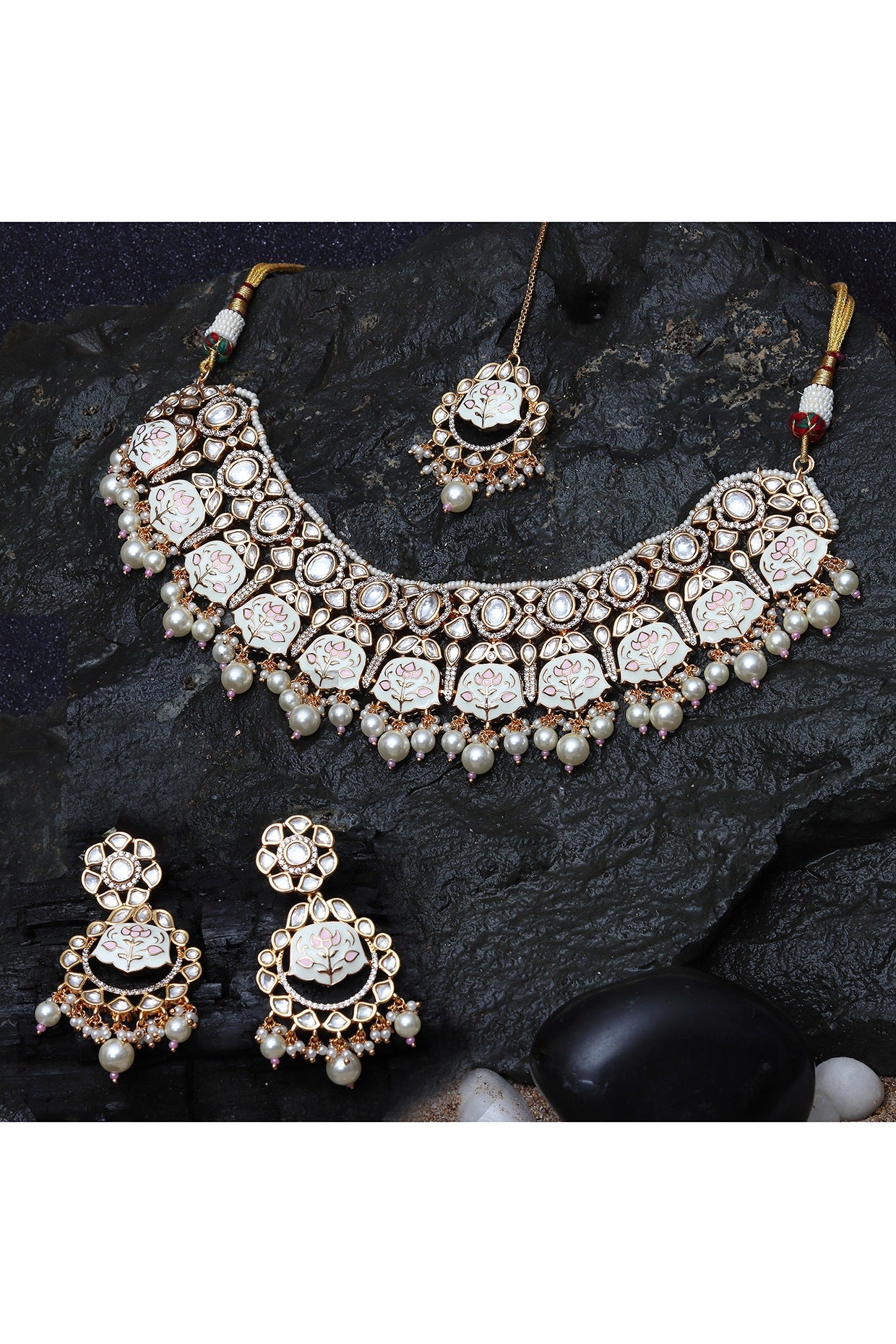 Gold Finish Pink & White Kundan Meenakari Choker Necklace Set