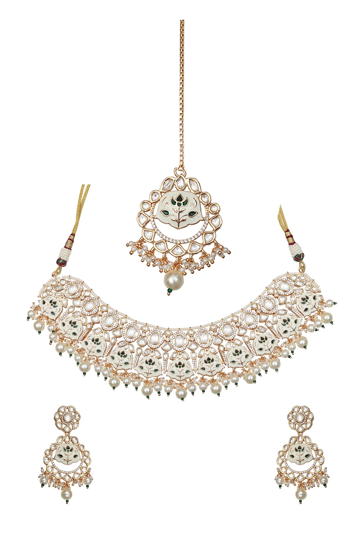 Gold Finish Green & White Kundan Meenakari Choker Necklace Set