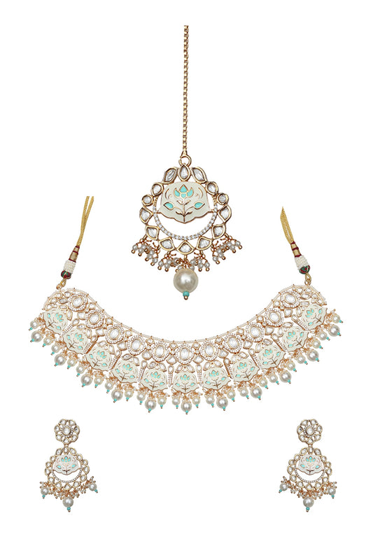 Gold Finish Mint & White Kundan Meenakari Choker Necklace Set