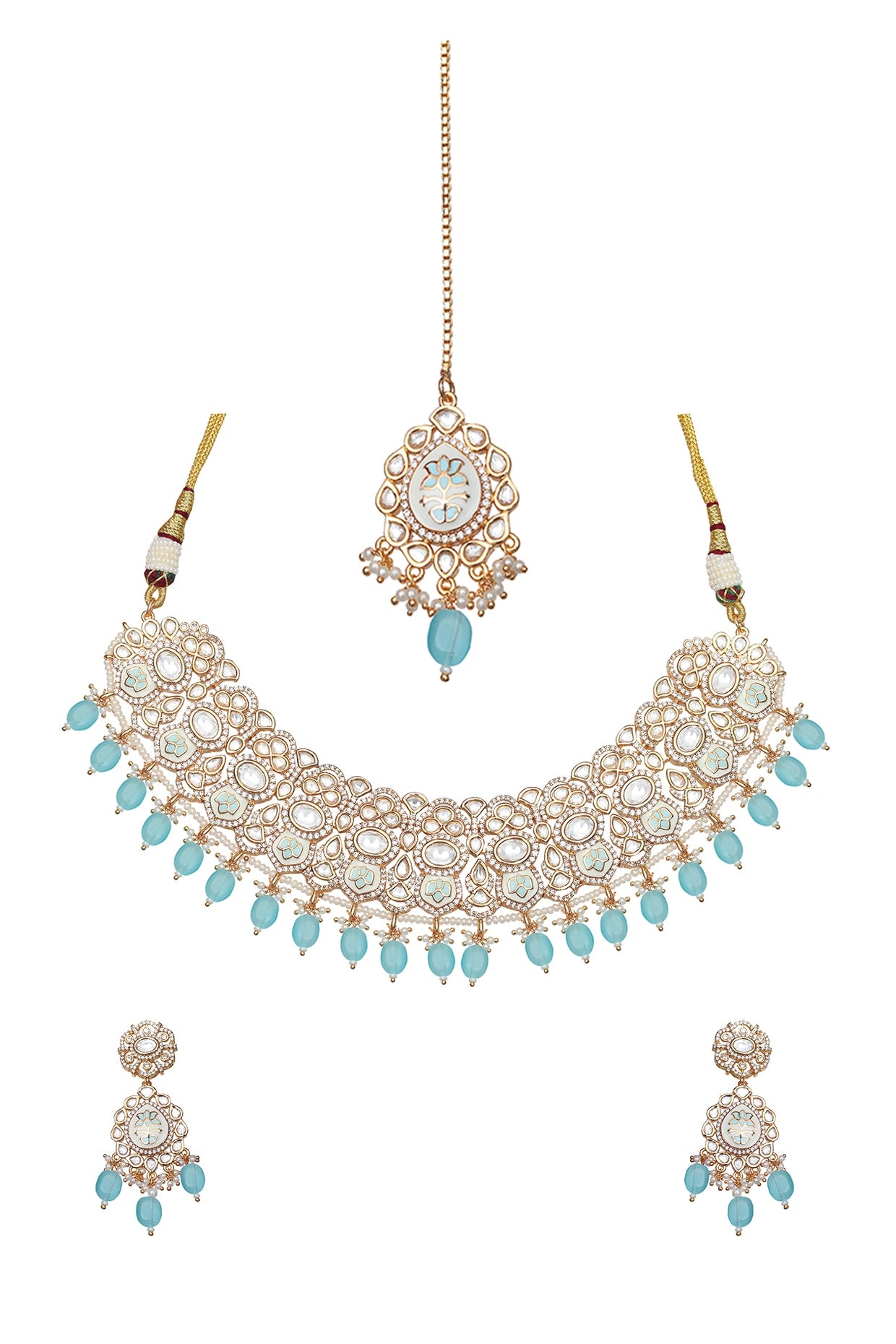 Gold Finish Mint Kundan Meenakari Choker Necklace Set