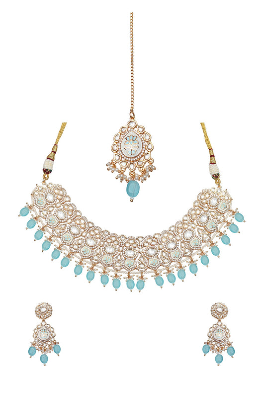 Gold Finish Mint Kundan Meenakari Choker Necklace Set