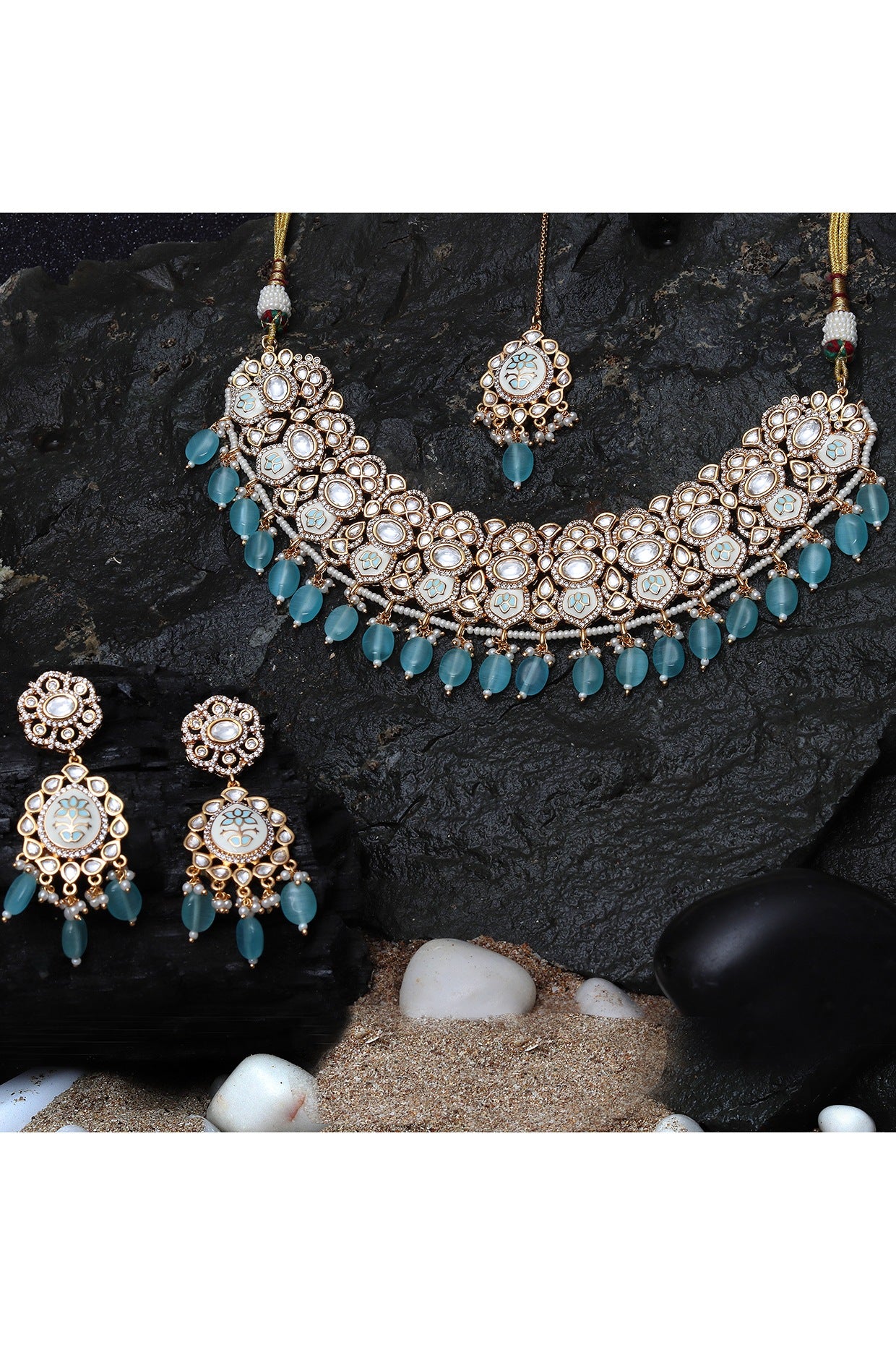 Gold Finish Mint Kundan Meenakari Choker Necklace Set