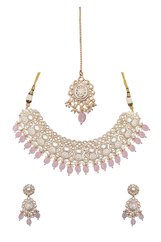 Gold Finish Powder Pink Kundan Meenakari Choker Necklace Set