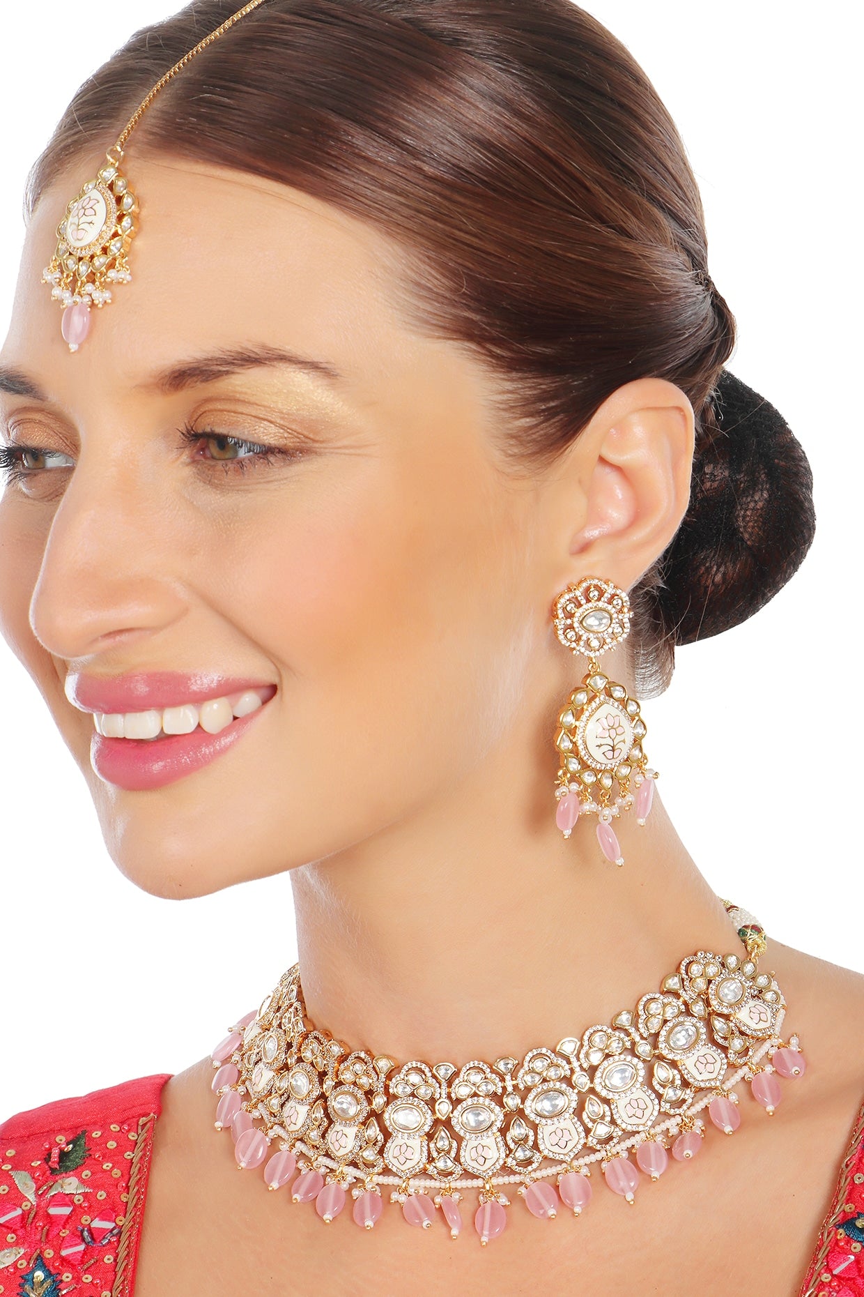 Gold Finish Powder Pink Kundan Meenakari Choker Necklace Set