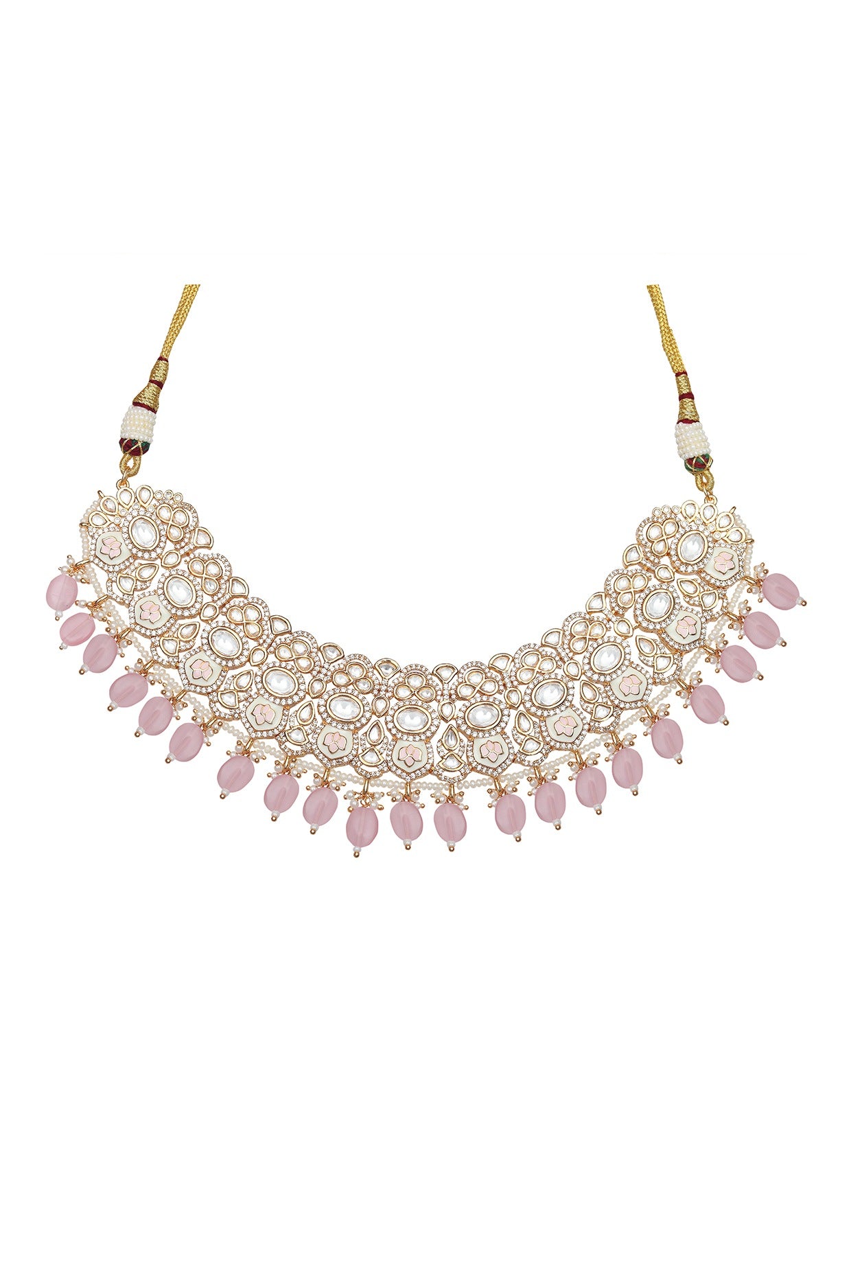 Gold Finish Powder Pink Kundan Meenakari Choker Necklace Set