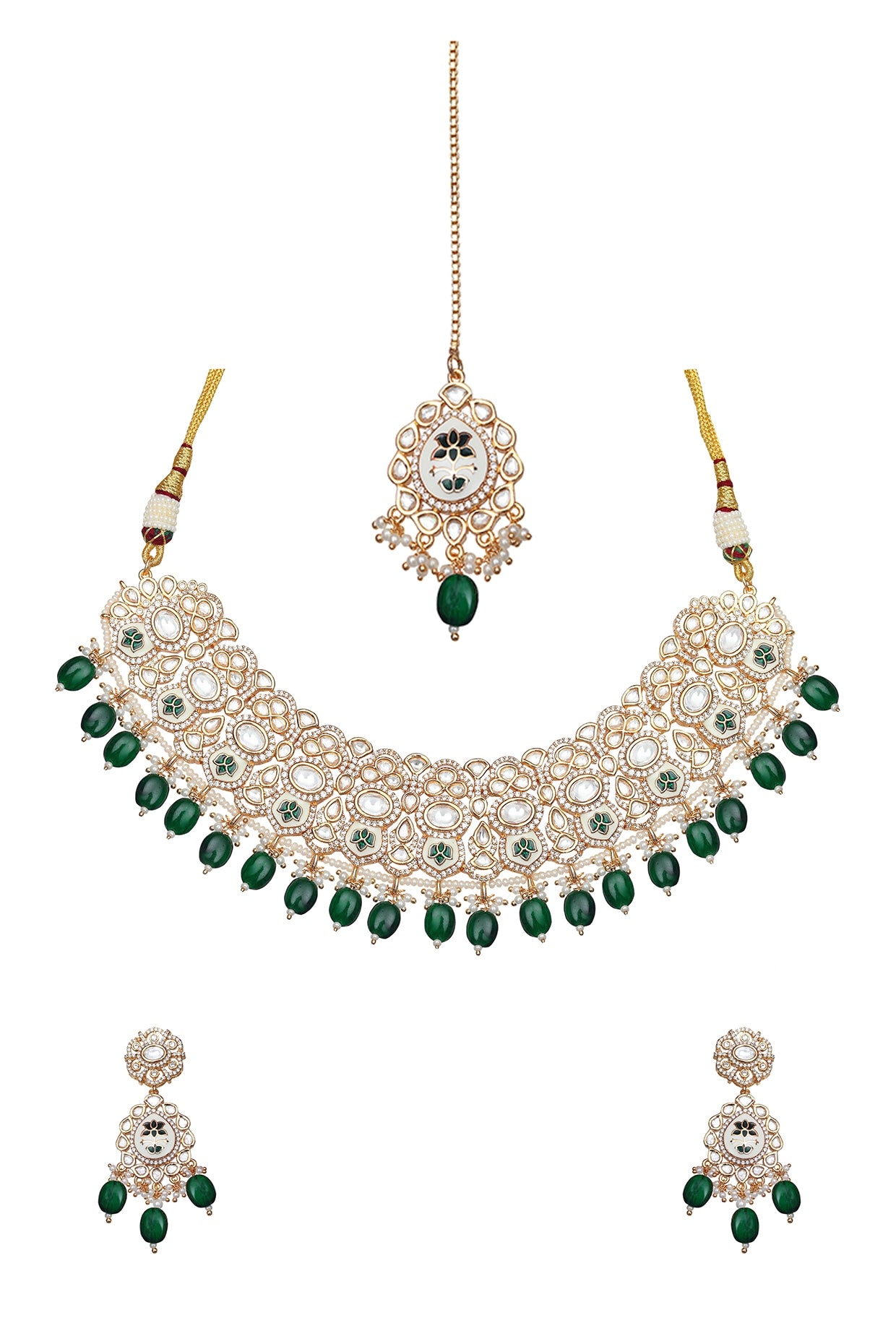 Gold Finish Emerald Green Kundan Meenakari Choker Necklace Set