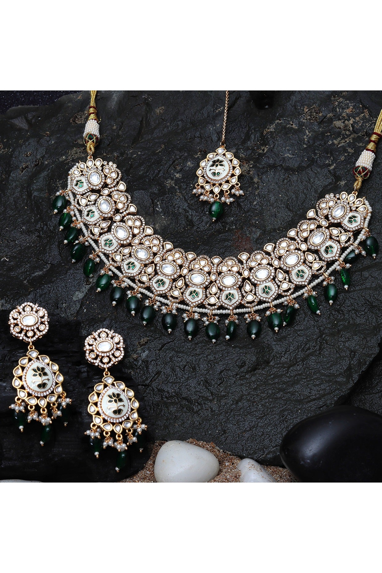 Gold Finish Emerald Green Kundan Meenakari Choker Necklace Set