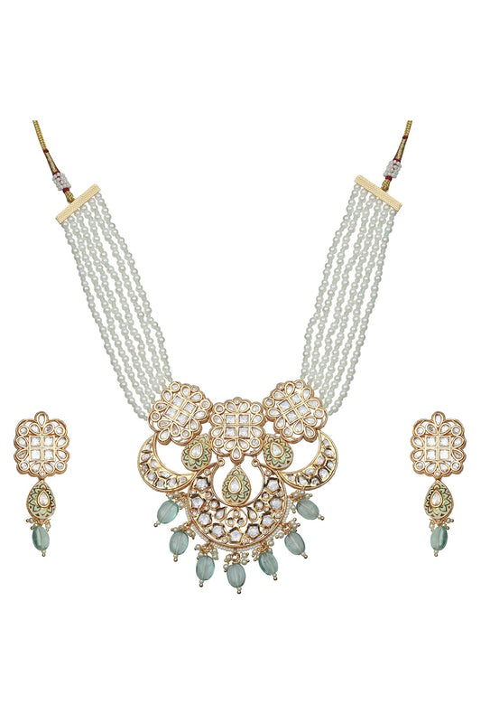 Gold Finish Kundan Polki & Mint Beaded Meenakari Choker Necklace Set