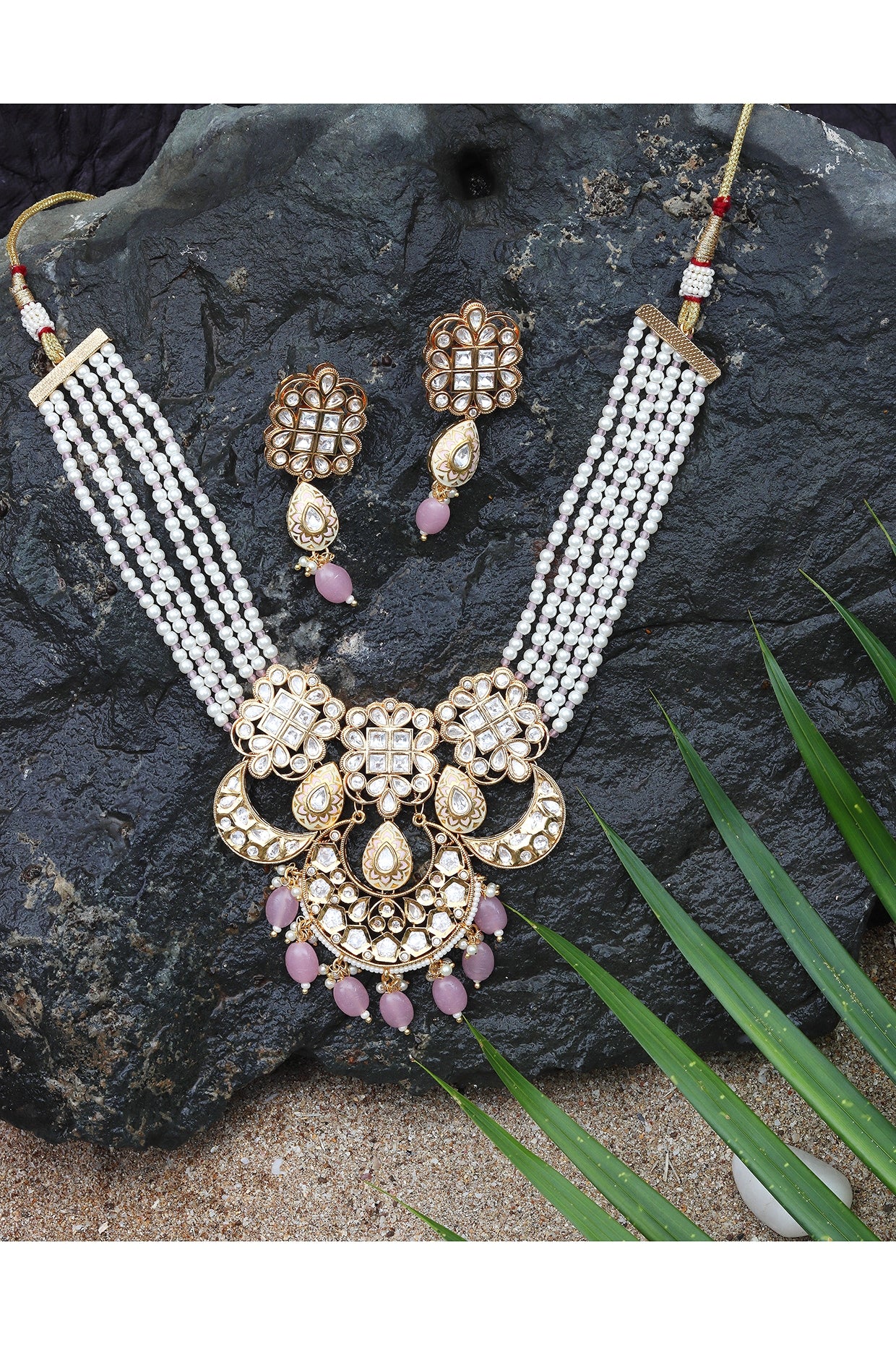 Gold Finish Kundan Polki & Beaded Meenakari Choker Necklace Set