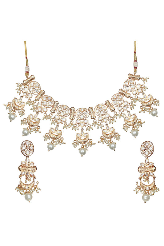 Gold Finish Kundan Polki & Beaded Choker Necklace Set