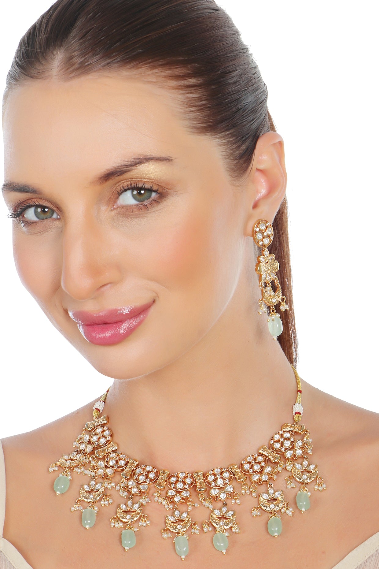 Gold Finish Kundan Polki & Beaded Choker Necklace Set