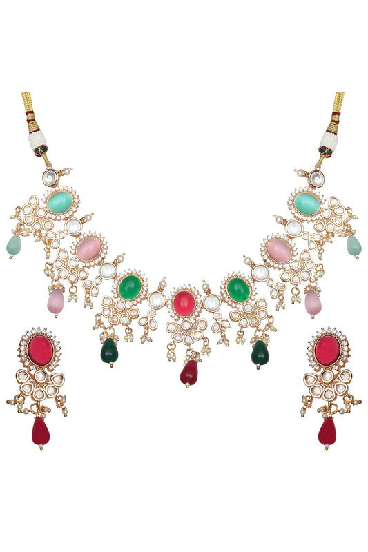 Gold Finish Kundan Polki & Beaded Choker Necklace Set