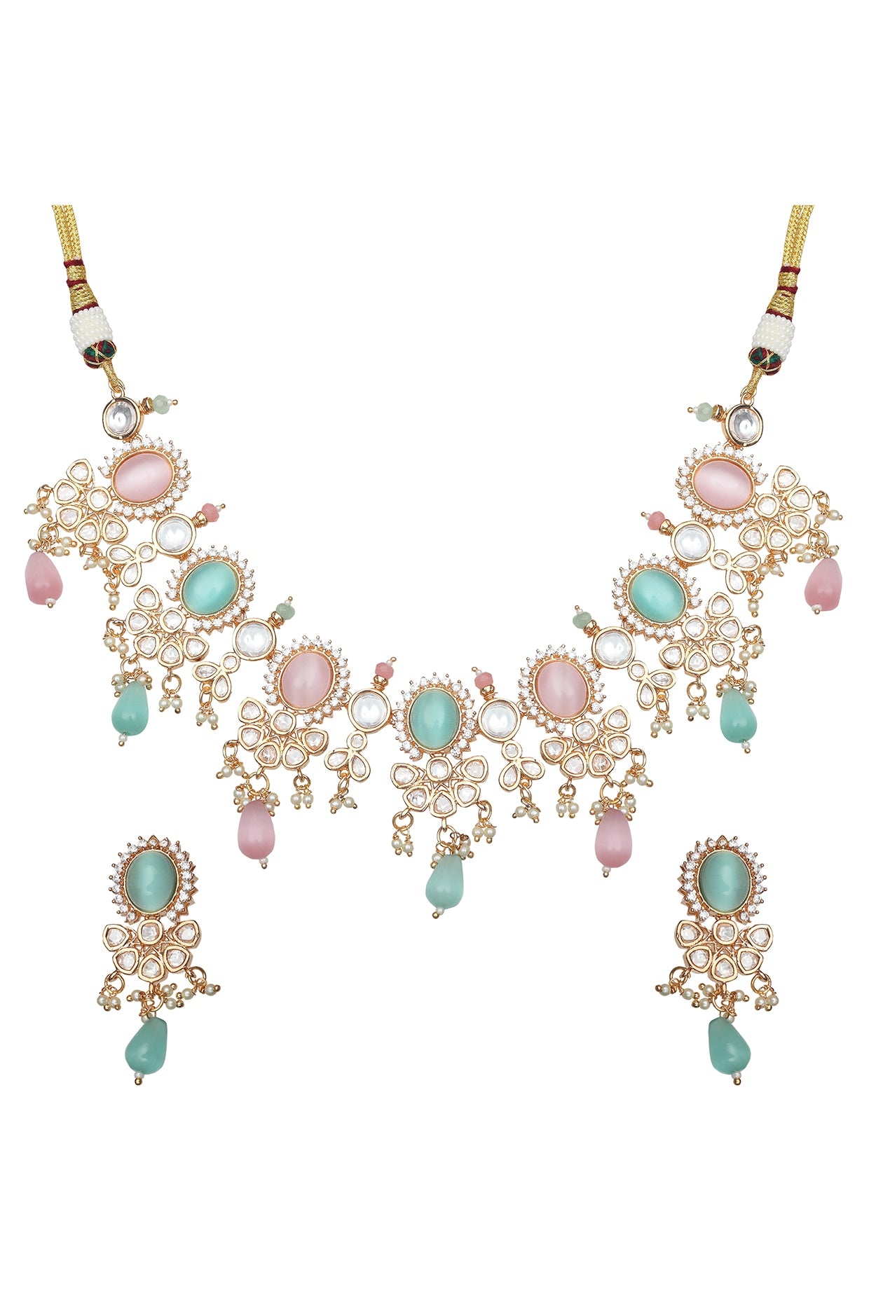 Gold Finish Kundan Polki & Beaded Choker Necklace Set