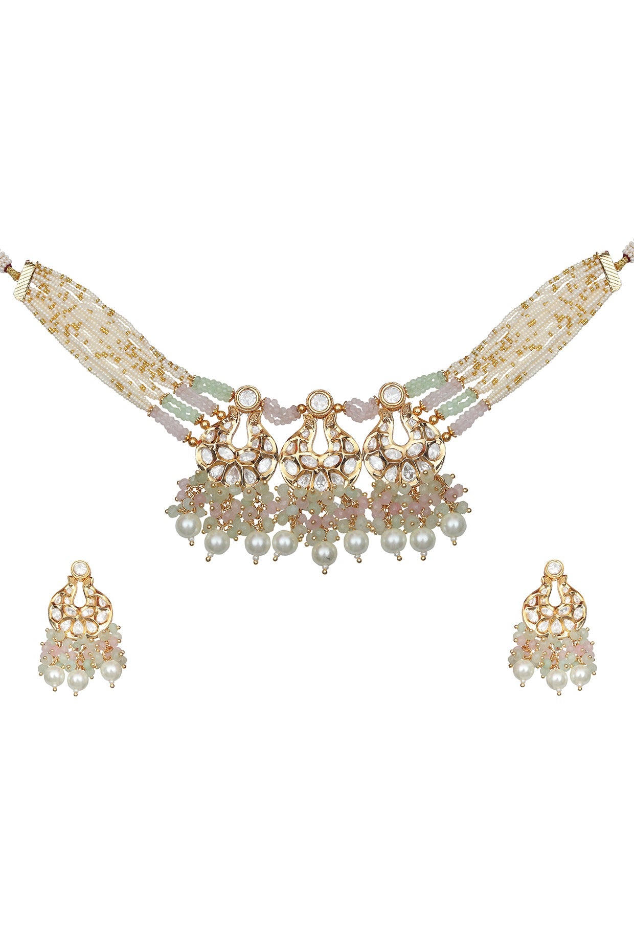 Gold Finish Kundan Polki & Beaded Choker Necklace Set