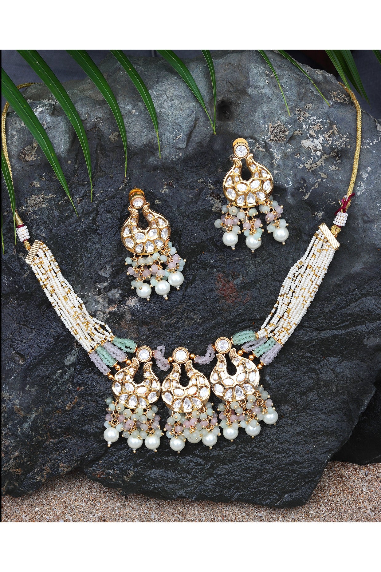 Gold Finish Kundan Polki & Beaded Choker Necklace Set