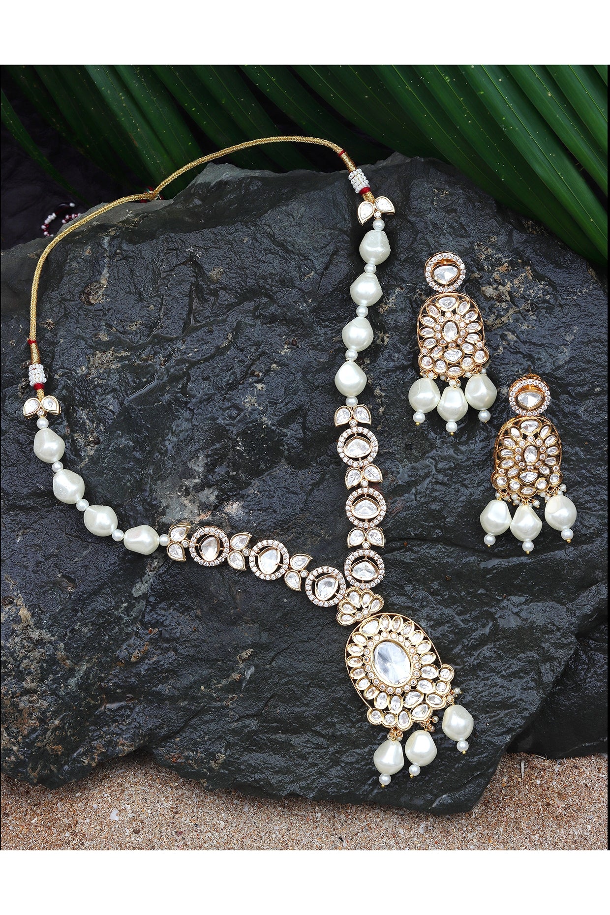 Gold Finish Kundan Polki & Beaded Necklace Set