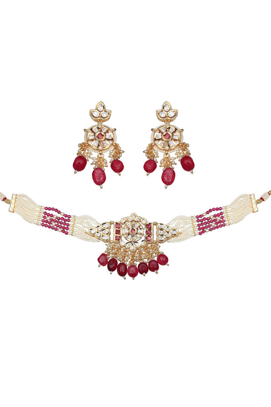 Gold Finish Kundan Polki & Beaded Choker Necklace Set