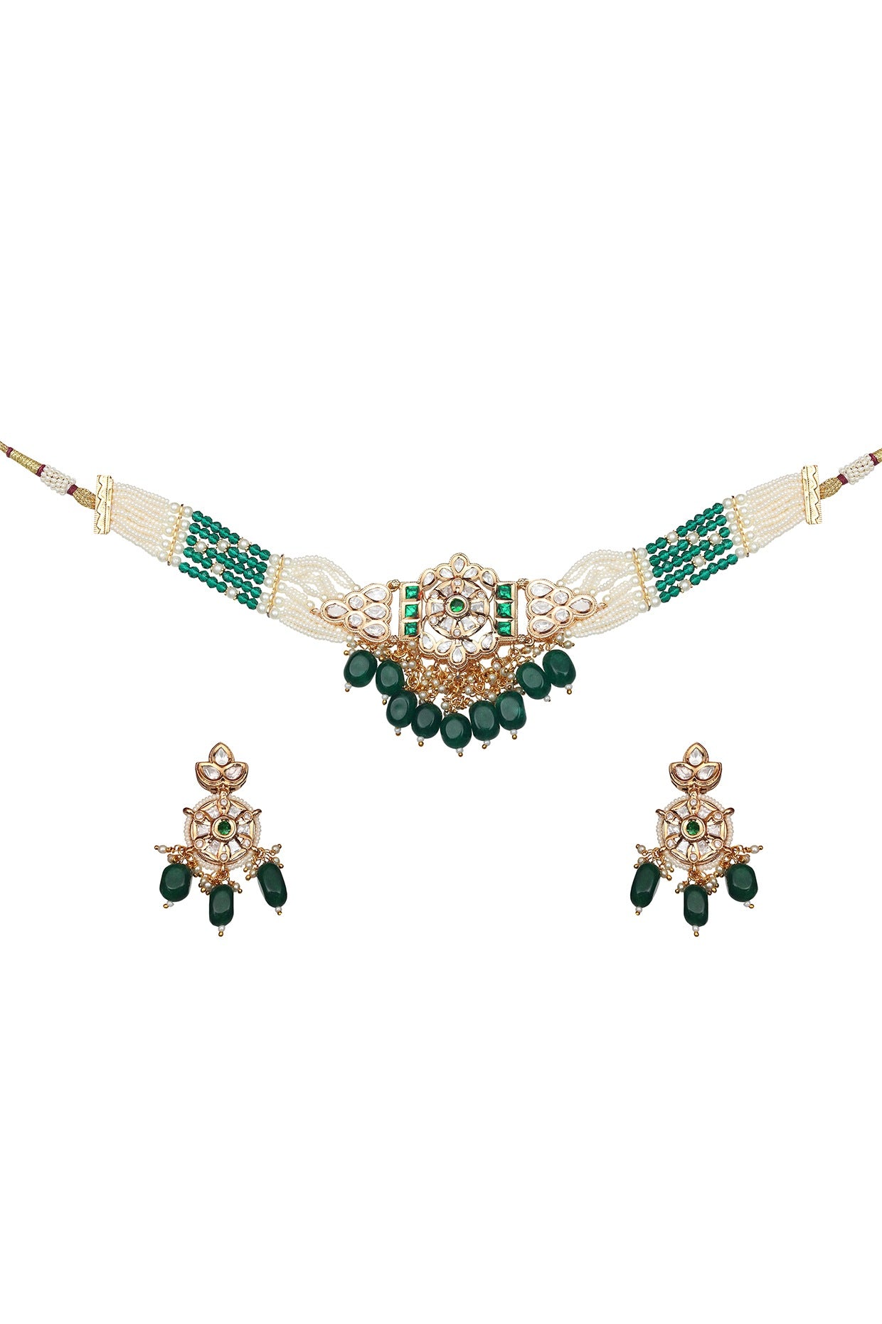 Gold Finish Kundan Polki & Beaded Choker Necklace Set