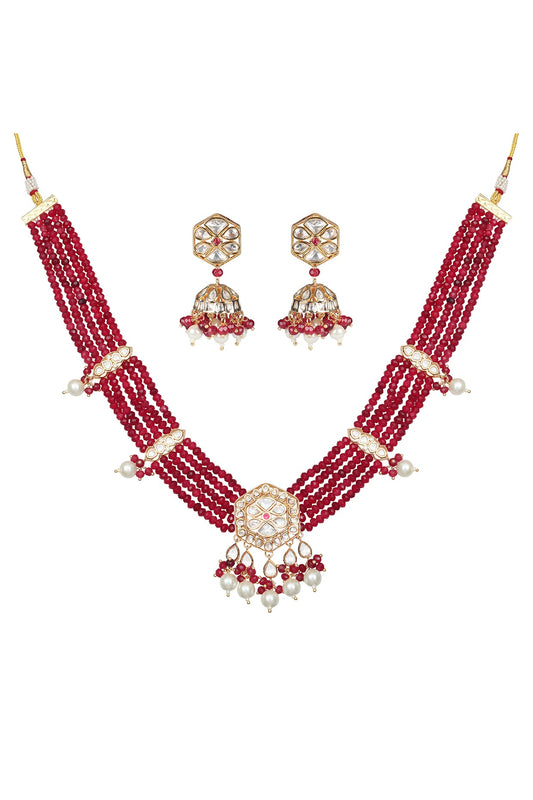 Gold Finish Kundan Polki & Beaded Necklace Set