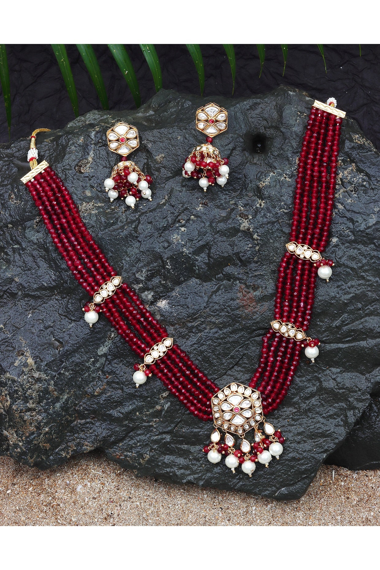 Gold Finish Kundan Polki & Beaded Necklace Set