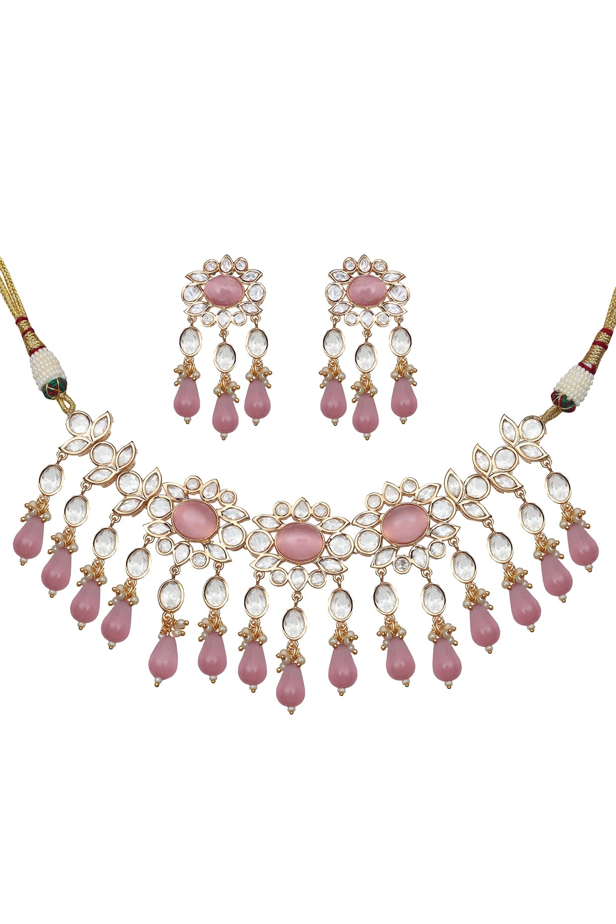 Gold Finish Kundan Polki & Blush Pink Stone Choker Necklace Set