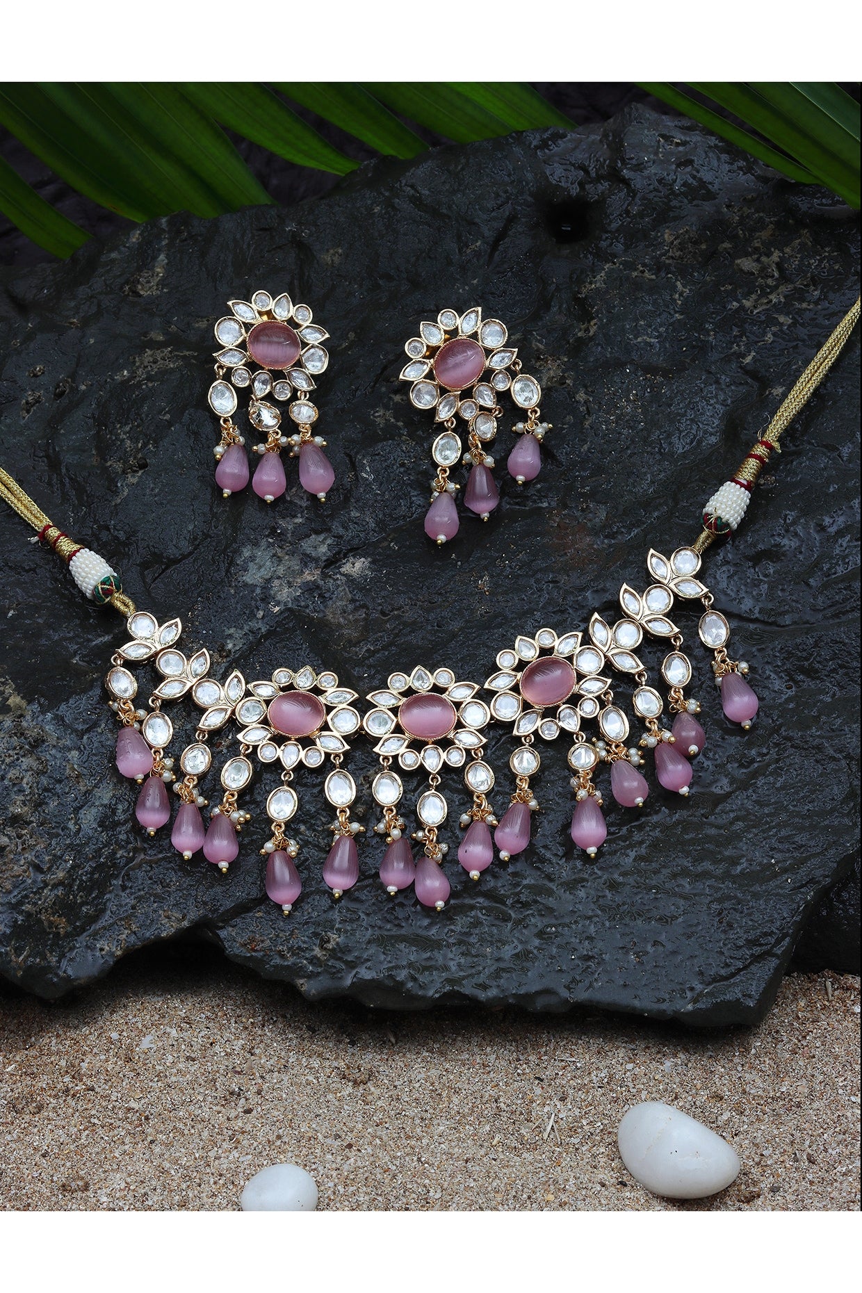 Gold Finish Kundan Polki & Blush Pink Stone Choker Necklace Set