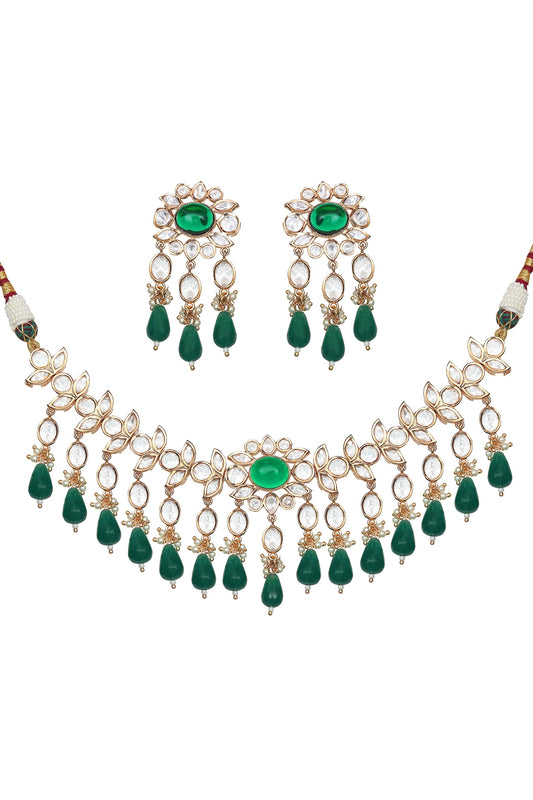 Gold Finish Kundan Polki & Green Stone Choker Necklace Set