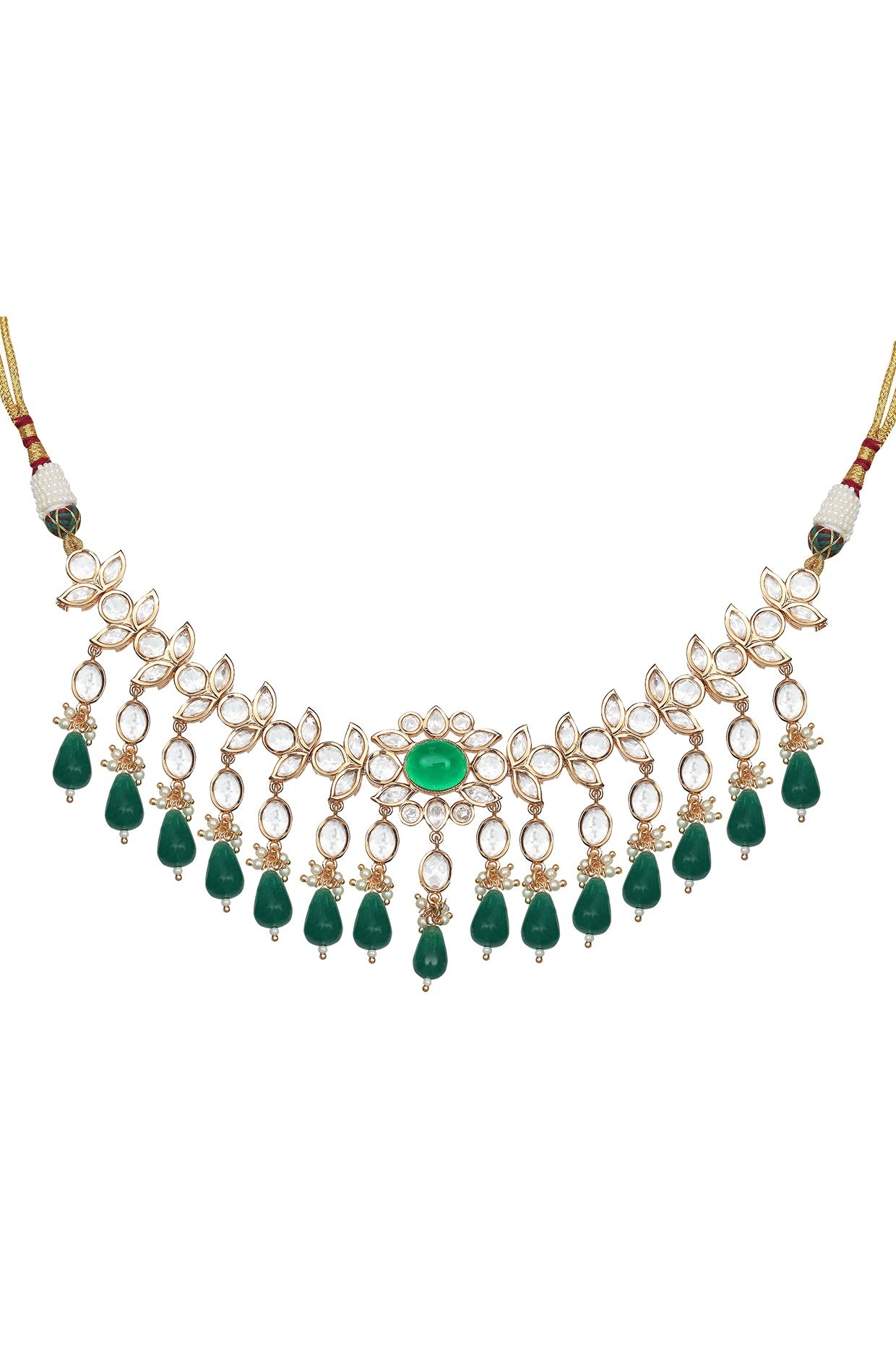 Gold Finish Kundan Polki & Green Stone Choker Necklace Set